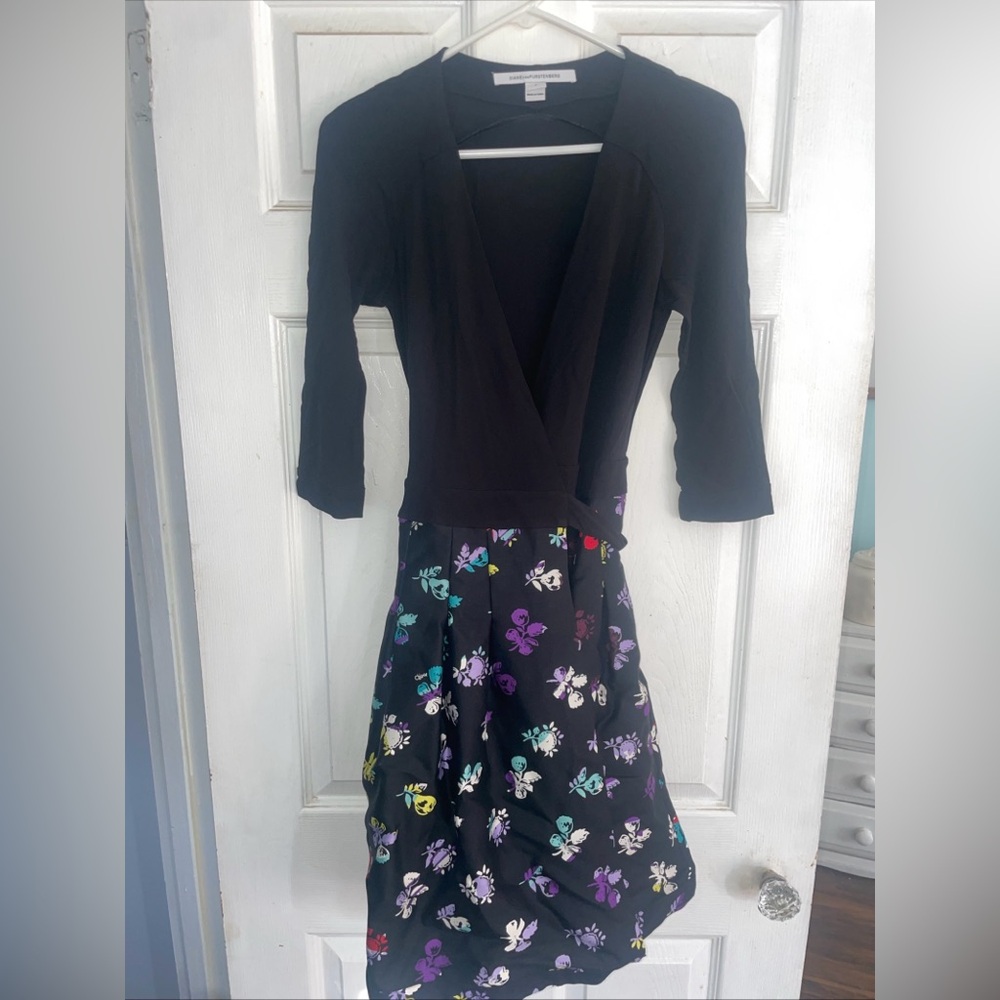 Diane Von Furstenberg Black Dress with Colorful Floral Accents